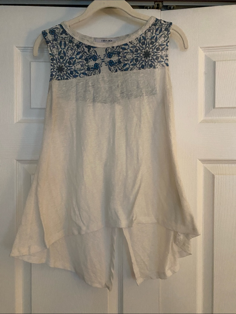 White Tank Top with Blue Floral Yoke